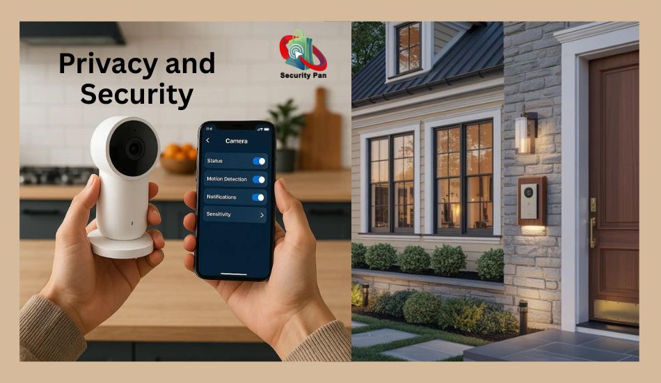 Home security camera beside a smartphone with privacy settings